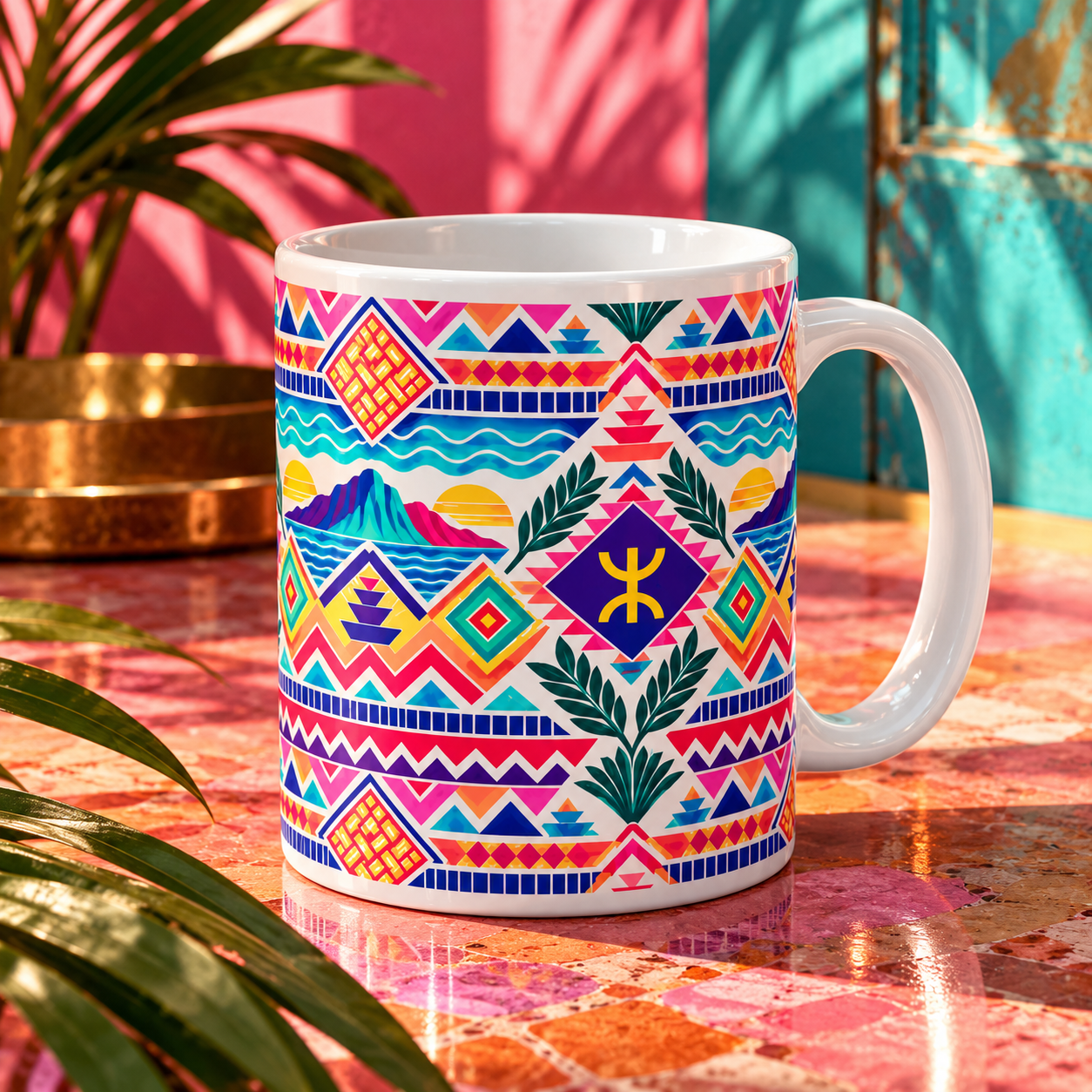 AMAGOMERA ceramic mug with colorful geometric artwork