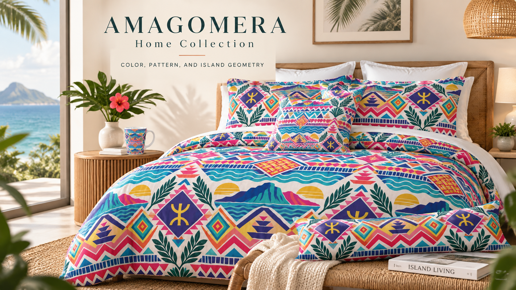 AMAGOMERA Home Collection bedroom featuring colorful geometric bedding and a matching mug