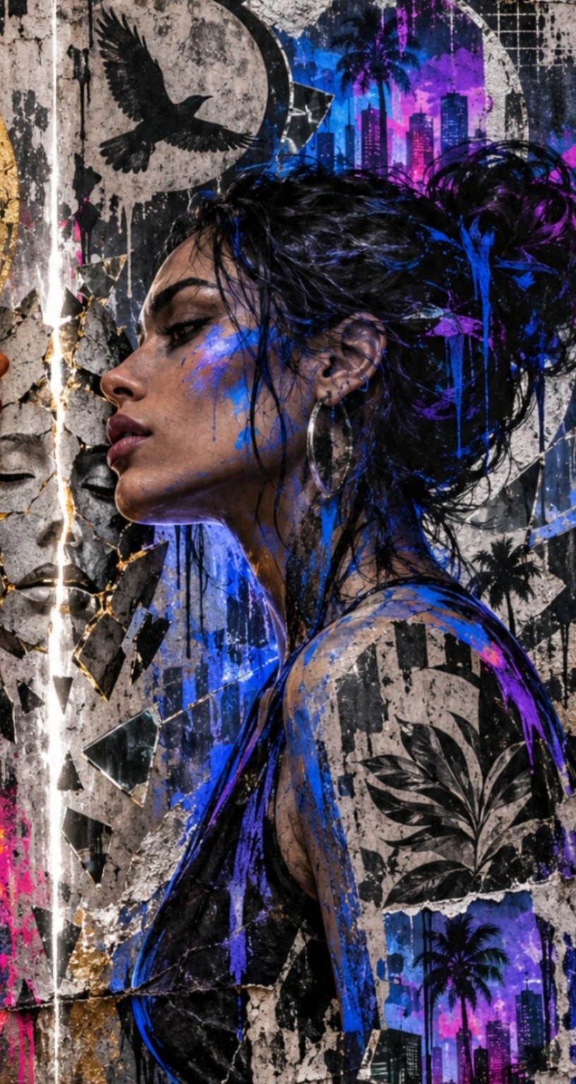Sacred Interference mixed-media portrait of a woman beside a luminous fracture
