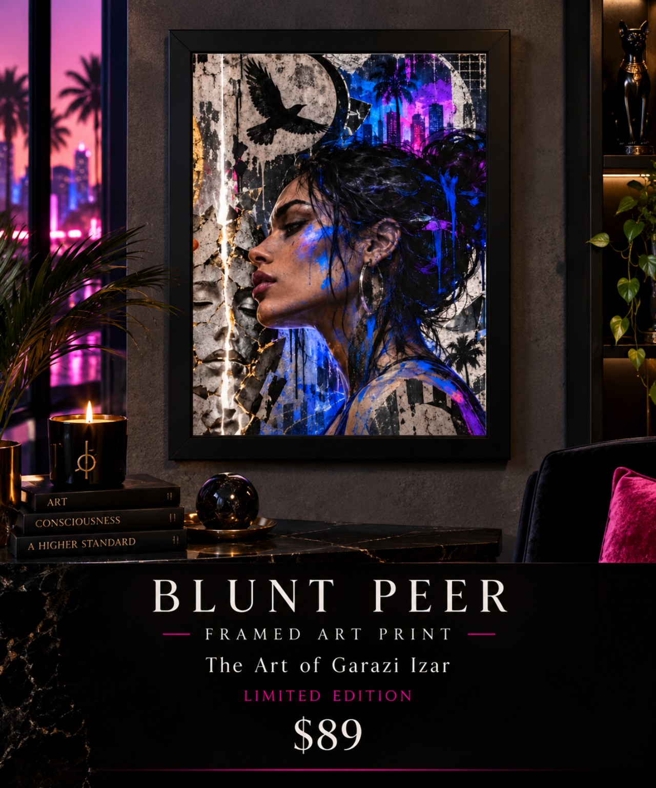 Blunt Peer framed art print displayed in a dramatic Neo-Miami interior