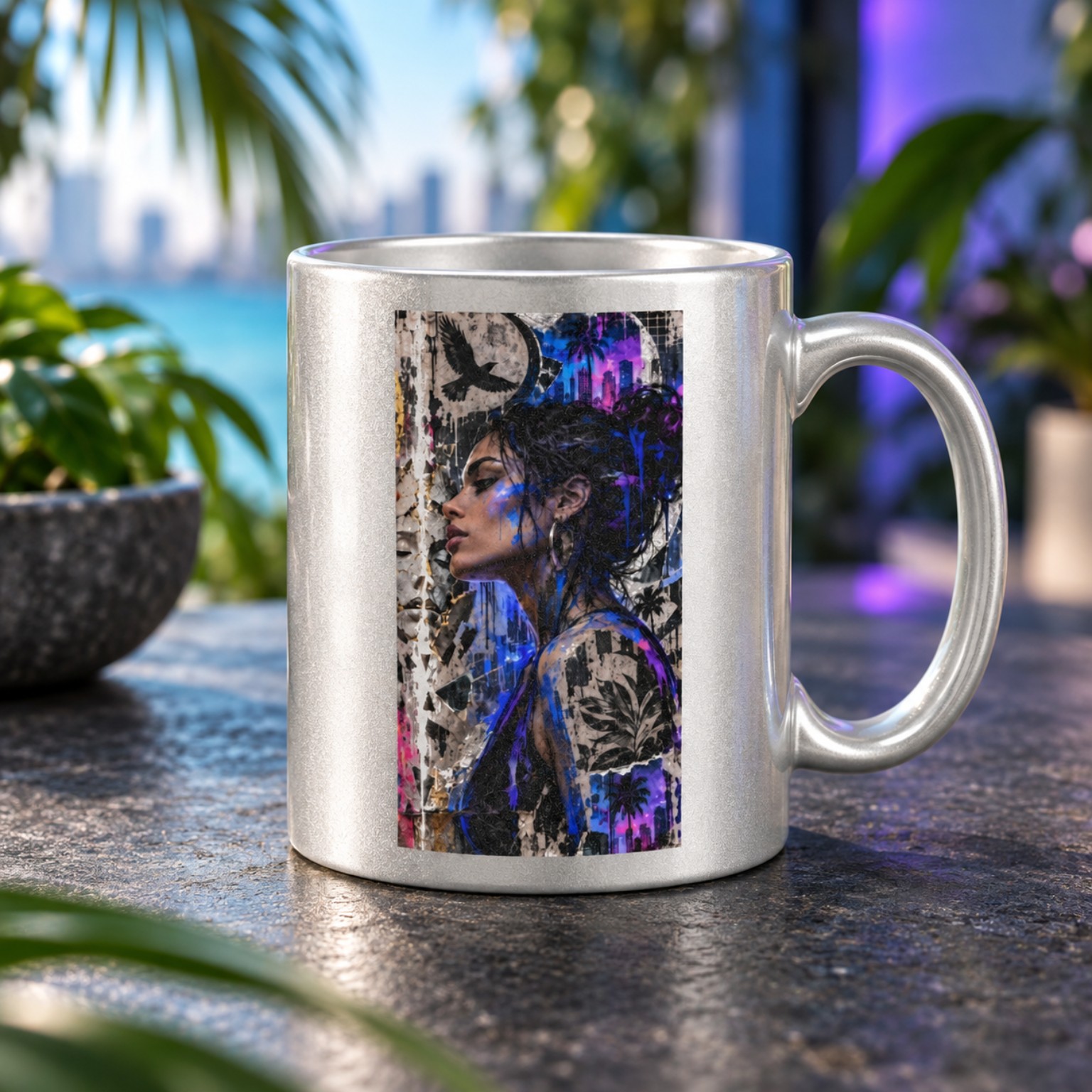 Metallic silver The Art of Garazi Izar Blunt Peer Mug in a tropical Miami setting