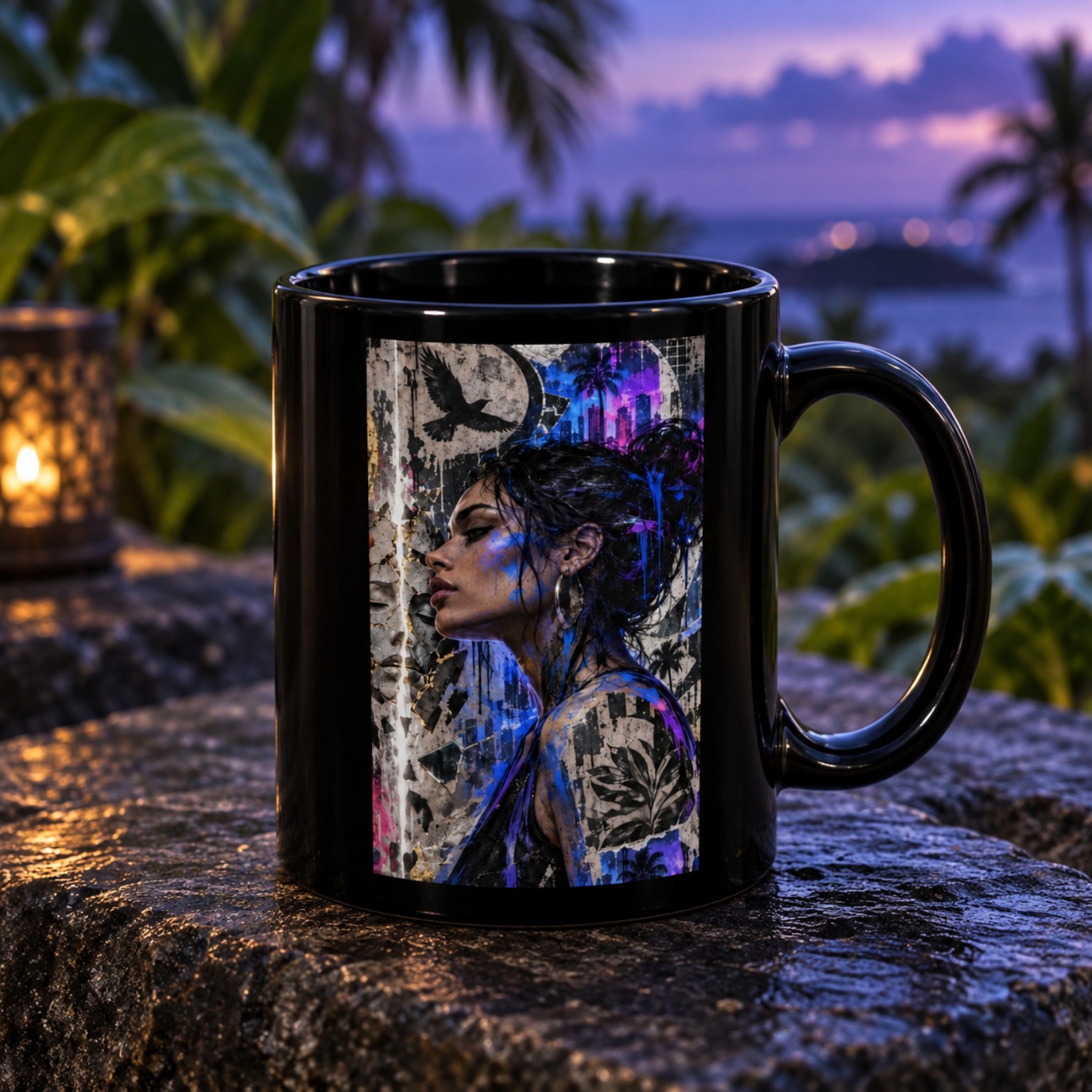 Black 11-ounce The Art of Garazi Izar Blunt Peer Mug in a Miami-at-night setting