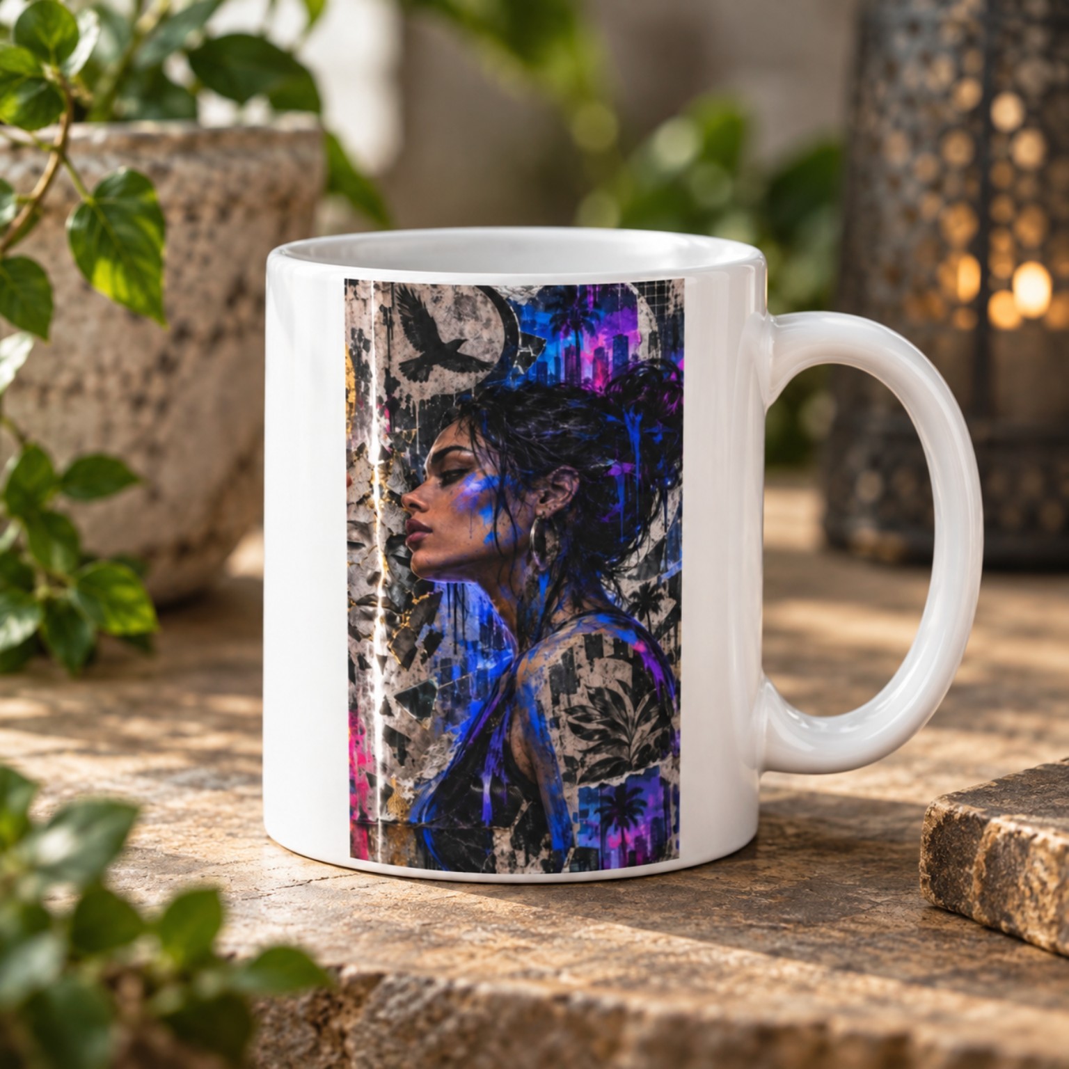 White 11-ounce The Art of Garazi Izar Blunt Peer Mug in a natural setting