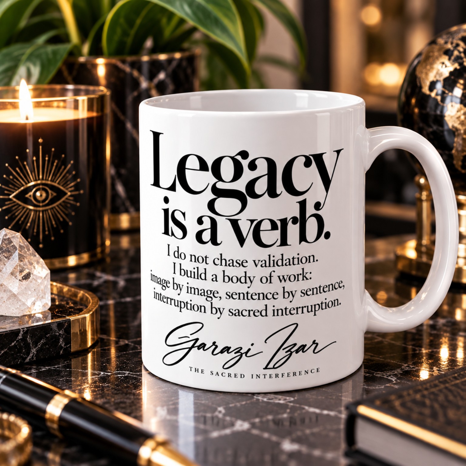 White 11-ounce Legacy Is a Verb Mug in an elegant black and gold setting