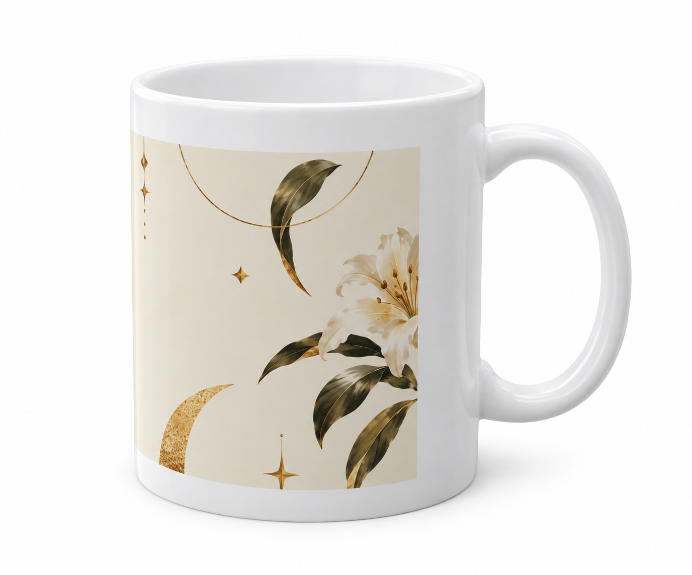Mercury Trine Uranus white 11-ounce mug with ivory lilies and gold celestial details