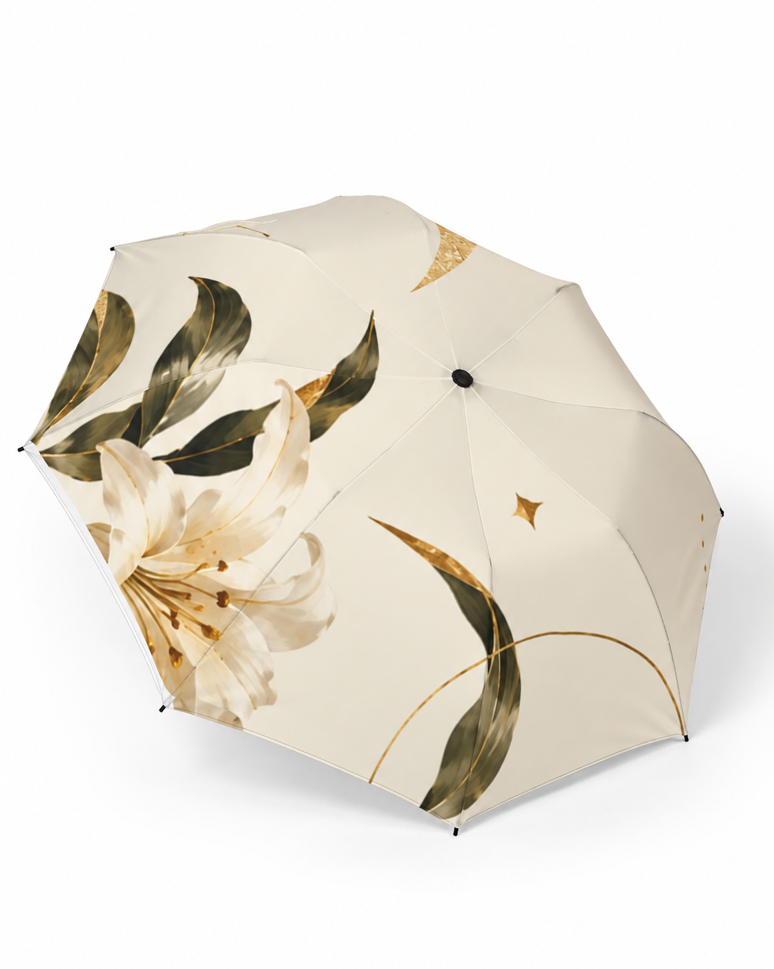 Mercury Trine Uranus Semi-Automatic Foldable Umbrella with ivory lilies and gold celestial details