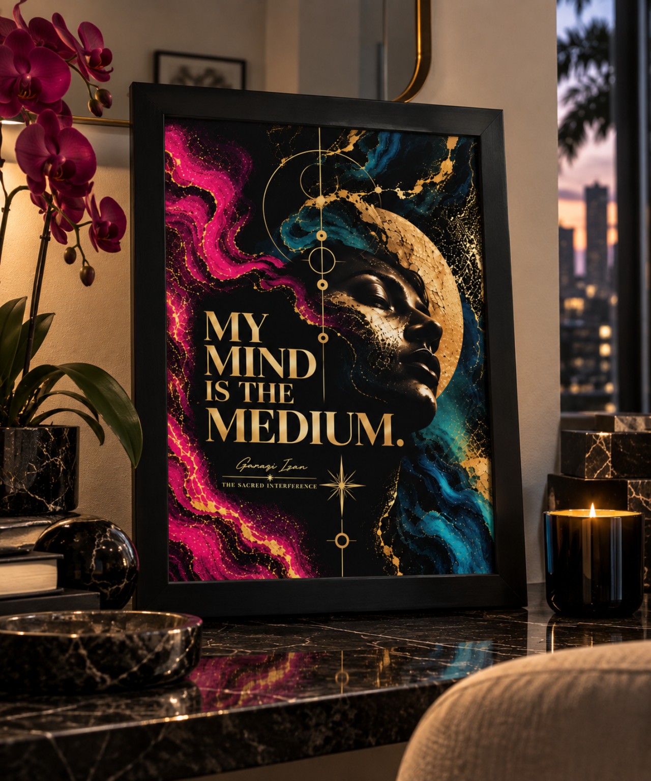 The Mind Is the Medium framed art print in a richly styled Miami interior