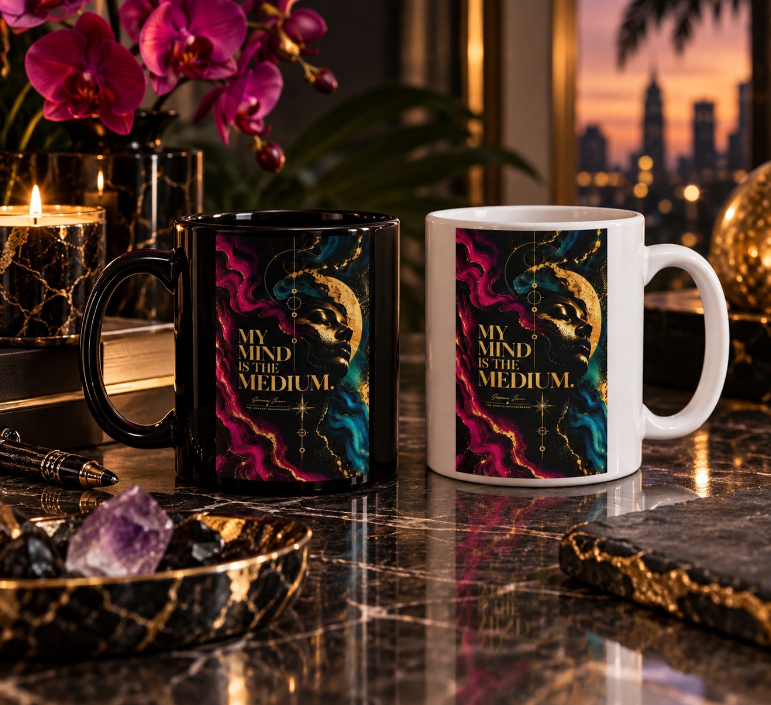 Black and white My Mind Is the Medium 11-ounce mugs shown side by side