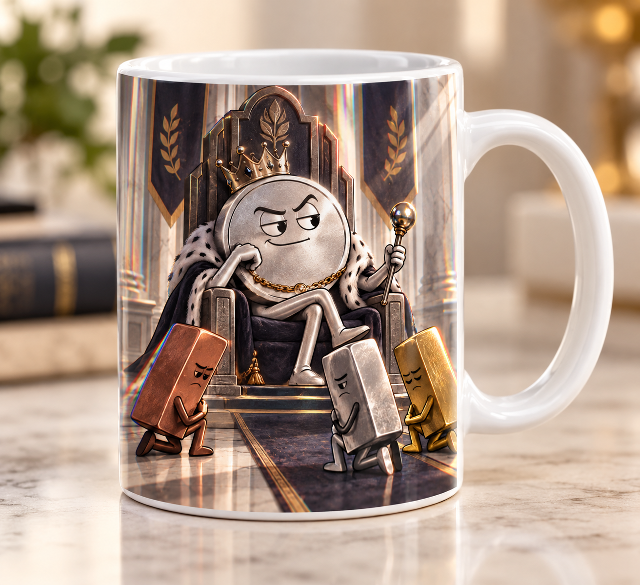 Nickel God Mug featuring a crowned nickel ruler on a throne