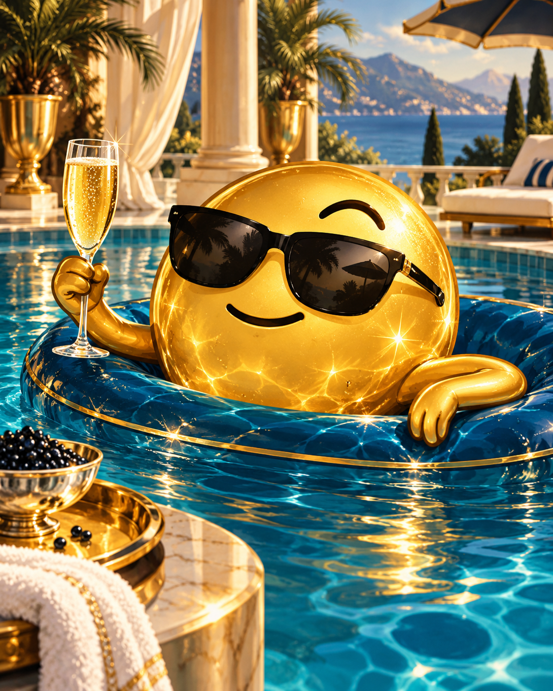 Original editorial illustration of a golden socialite character at a pool