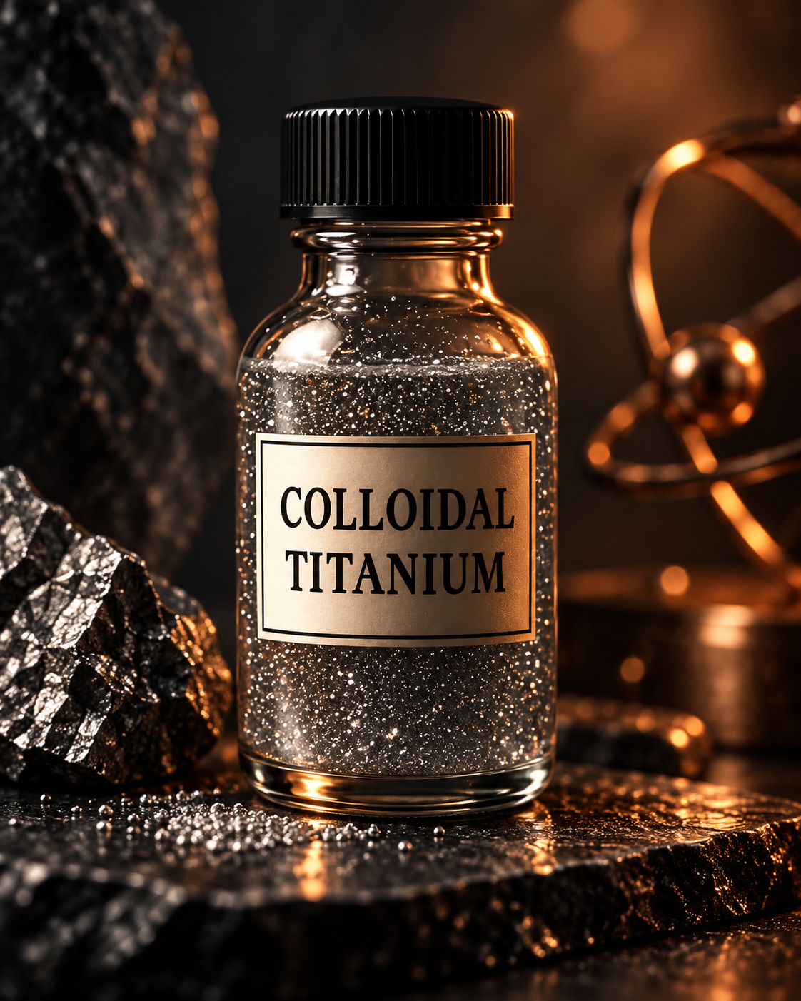 Original editorial illustration of a glittering titanium bottle under dramatic light