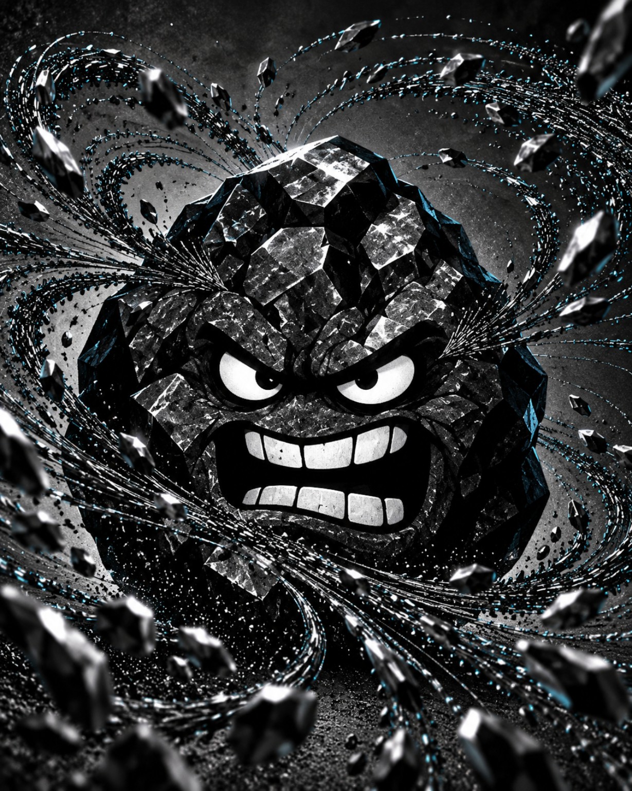 Original artwork of an animated crystalline Iridium form surrounded by metallic fragments