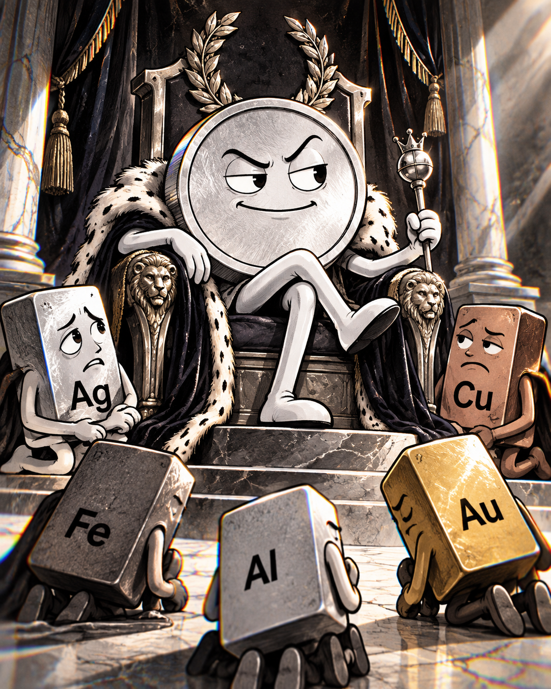 Original editorial illustration of Platinum enthroned above other metals