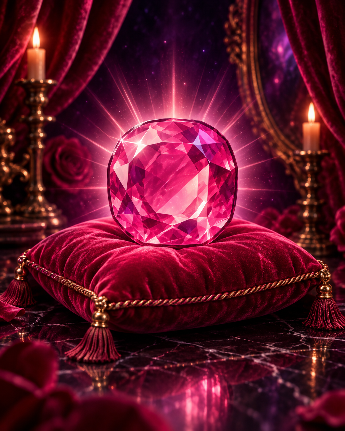 Original editorial illustration of a luminous pink sapphire on a velvet cushion