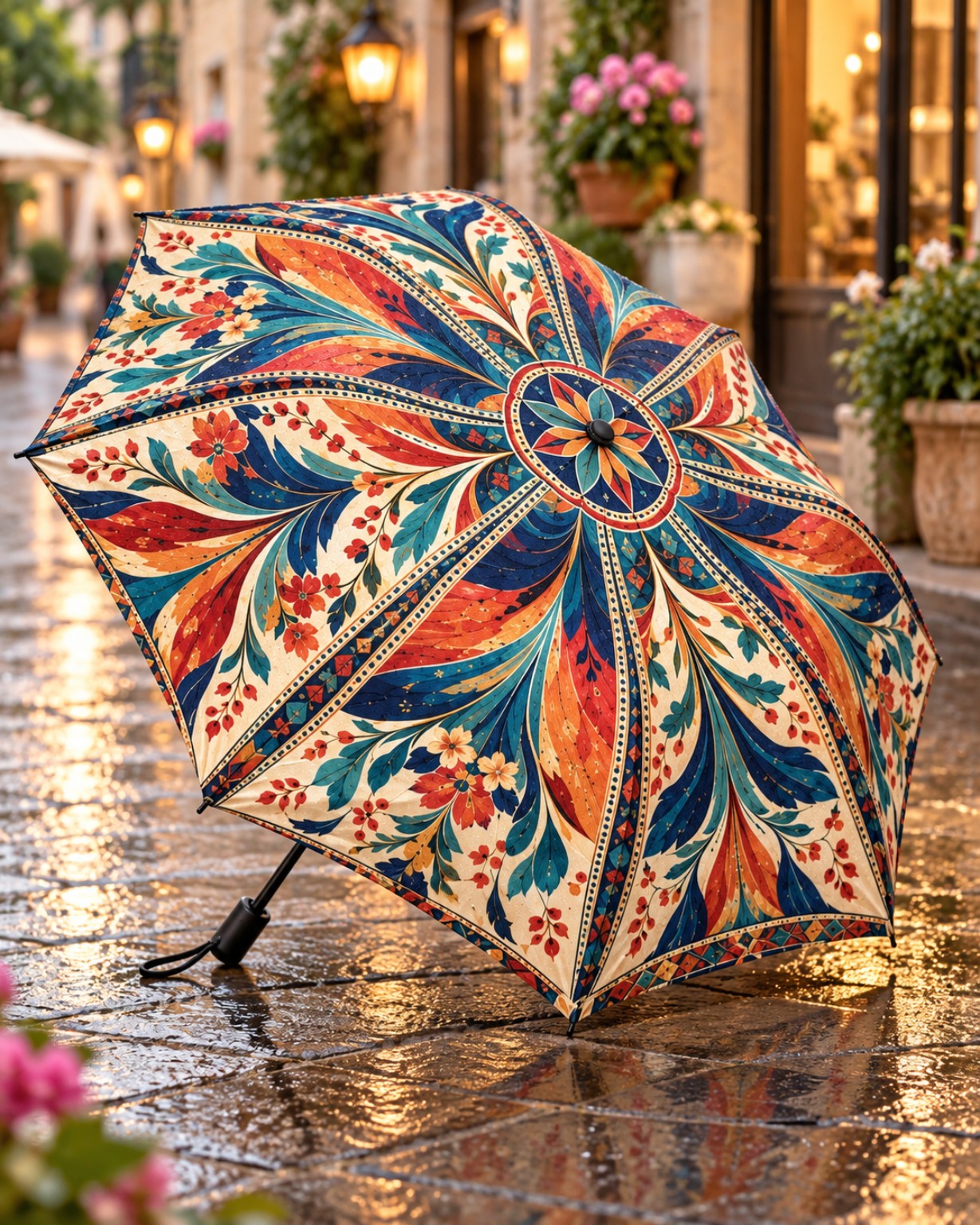 Valle Gran Rey umbrella with orange, navy and cream floral panels on a cobblestone street