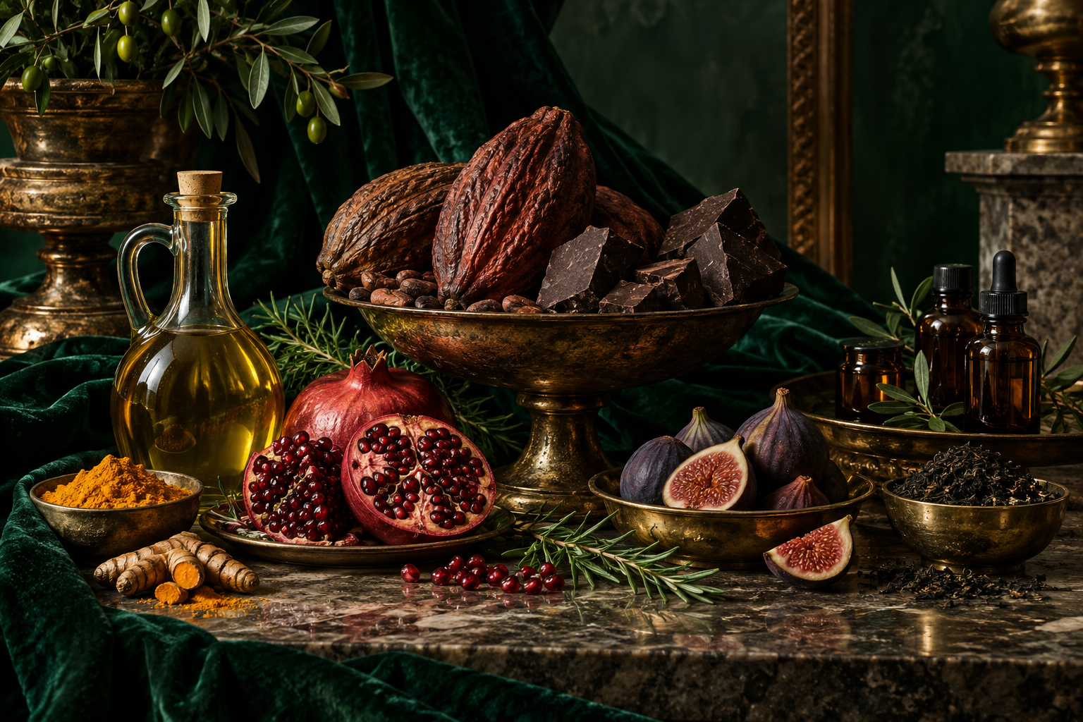 Botanical ingredients and amber extract bottles arranged in a dark emerald still life